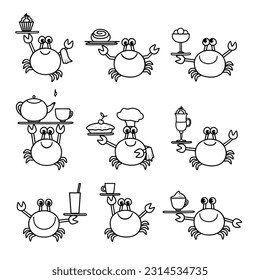 Set Kellner. Contour of cute cartoon lächelnde Krabben, die Getränke und Süßigkeiten servieren: Kaffee, Espresso, Latte, Tee in einer Teekanne, Kuchen, Knochen, Kuchen, Eis. Doodle.   
