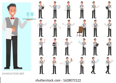 Set of waiters, man character vector design. Presentation in various action with emotions, running, standing and walking. 