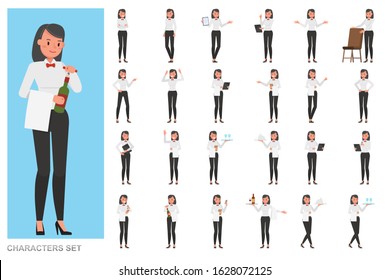 Set of waiters, woman character vector design. Presentation in various action with emotions, running, standing and walking.