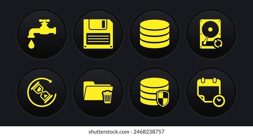 Set Waiting, Hard disk drive HDD sync refresh, Delete folder, Database protection,  and Floppy icon. Vector