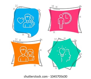 Set of Waiting, Man love and Couple icons. Idea sign. Service time, Romantic people, Male and female. Professional job.  Flat geometric colored tags. Vivid banners. Trendy graphic design. Vector