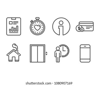 Set of Waiting, Report document and Lift icons. Payment method, Heartbeat timer and Smartphone signs. Service time, Page with charts, Elevator. Vector