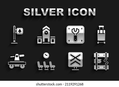 Set Waiting room, Suitcase, Broken rails on railway, Railroad crossing, Draisine or handcar, Repair of, Road traffic signpost and Railway station icon. Vector