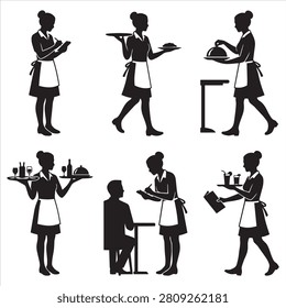 Set of waitress silhouette icons in a restaurant dining scenario with waitress restaurant silhouette hospitality customer