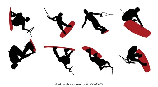 Conjunto de siluetas de wakeboard Ilustración vectorial