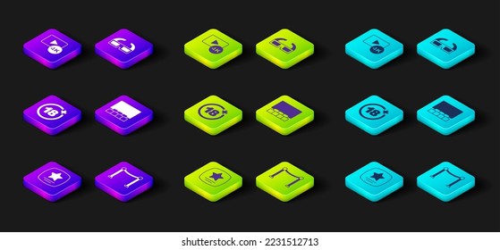 Set Walk of fame star, Rope barrier, Plus 18 movie, Cinema auditorium with screen, 3D cinema glasses and Screen tv 4k icon. Vector