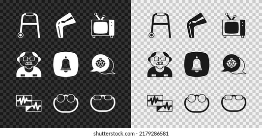 Set Walker, Bone pain, Retro tv, Monitor with cardiogram, Eyeglasses, Grandfather and Emergency phone call icon. Vector