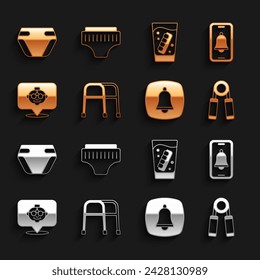 Set Walker, Emergency phone call, Sport expander, Grandmother, False jaw in glass, Adult diaper and  icon. Vector