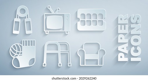 Set Walker, False jaw, Socks, Armchair, Retro tv and Sport expander icon. Vector