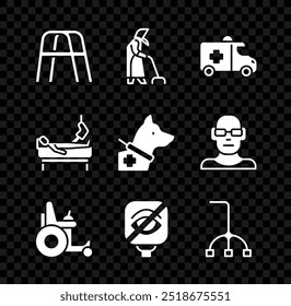 Set Walker, Grandmother, Emergency car, Electric wheelchair, Blindness, Walking stick cane, Patient with broken leg and Guide dog icon. Vector