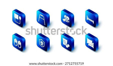 Set Walker, Heart rate, Bed, Pillow, Medicine pill or tablet, Grandmother, Slippers and Blood pressure icon. Vector