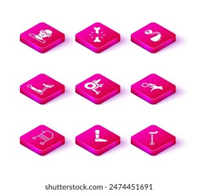 Set Walker, Prosthesis leg, Treadmill machine, Electric wheelchair, Walking stick cane, Dog, Hearing aid and Human broken bone icon. Vector