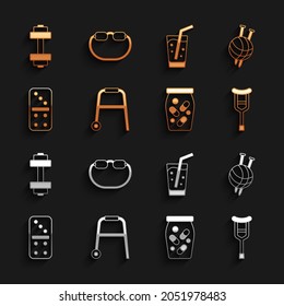 Set Walker, Yarn ball with knitting needles, Crutch or crutches, Medicine bottle and pills, Domino, Glass water, Dumbbell and Eyeglasses icon. Vector