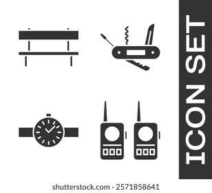 Set Walkie talkie, Bench, Wrist watch and Swiss army knife icon. Vector