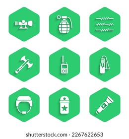 Set Walkie talkie, Chevron, Flashlight, Cocktail molotov, Military helmet, War axe, Barbed wire and Sniper optical sight icon. Vector