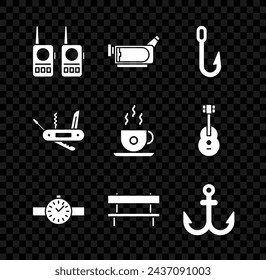 Set Walkie talkie, Cinema camera, Fishing hook, Wrist watch, Bench, Anchor, Swiss army knife and Coffee cup icon. Vector