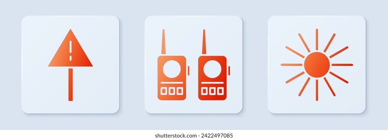 Ajuste Walkie talkie, la marca de exclamación en triángulo y el botón Sun. White square. Vector