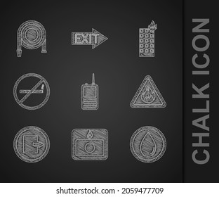 Set Walkie talkie, Fire alarm system, Water drop, flame in triangle, exit, No Smoking, burning building and hose reel icon. Vector