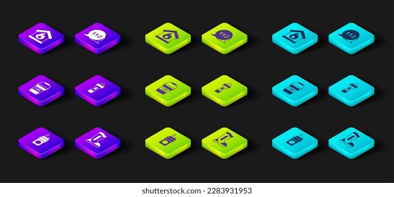 Set Walkie talkie, Fire boots, bucket, Flashlight, Emergency call and in burning house icon. Vector