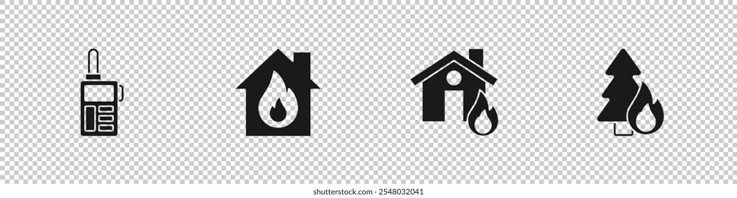 Definir Walkie talkie, Fogo em casa em chamas, e Queimando ícone da árvore da floresta. Vetor