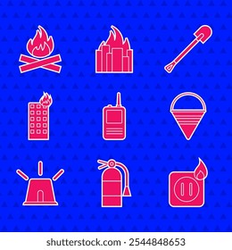 Set Walkie talkie, Fire extinguisher, Electric wiring of socket fire, cone bucket, Flasher siren, burning building, shovel and Campfire icon. Vector