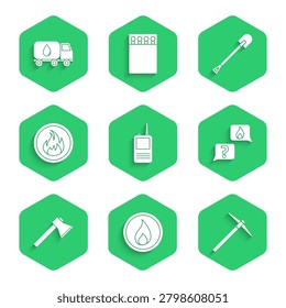 Set Walkie talkie, Fire flame, Pickaxe, Phone with emergency call 911, Firefighter, shovel and Water delivery truck icon. Vector