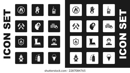 Set Walkie talkie, Firefighter, axe, No fire, in burning buildings,  and protection shield icon. Vector