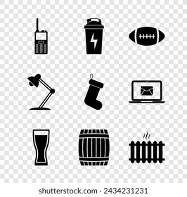 Set Walkie talkie, Fitness shaker, American Football ball, Glass of beer, Wooden barrel and Heating radiator icon. Vector