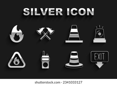 Set Walkie talkie, Flasher siren, Fire exit, Traffic cone, flame in triangle,  and Firefighter axe icon. Vector