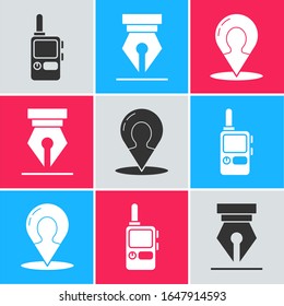Set Walkie talkie, Fountain pen nib and Map marker with a silhouette of a person icon. Vector