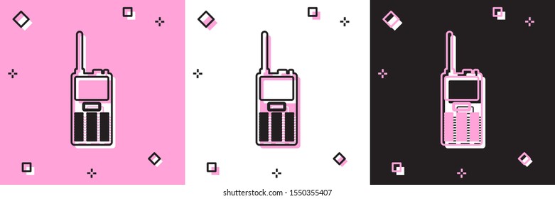 Set Walkie talkie icon isolated on pink and white, black background. Portable radio transmitter icon. Radio transceiver sign.  Vector Illustration