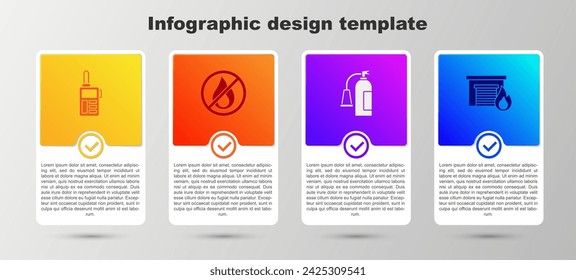 Set Walkie talkie, No fire, Fire extinguisher and burning garage. Business infographic template. Vector