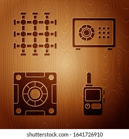 Set Walkie talkie, Prison window, Safe and Safe on wooden background. Vector