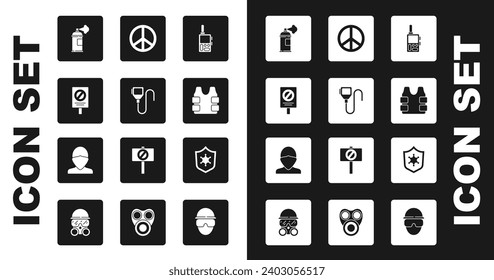 Set Walkie talkie, Protest, Paint spray can, Bulletproof vest, Peace, Police badge and Vandal icon. Vector