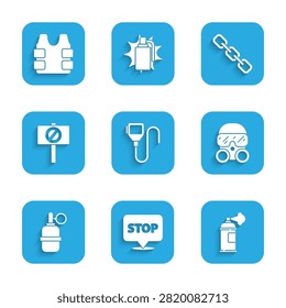 Set Walkie talkie, Protest, Paint spray can, Gas mask, Hand grenade, Chain link and Bulletproof vest icon. Vector