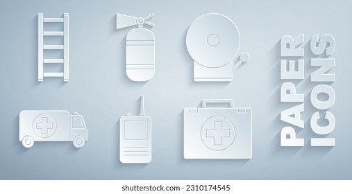 Set Walkie talkie, Ringing alarm bell, Ambulance and emergency car, First aid kit, Fire extinguisher and escape icon. Vector