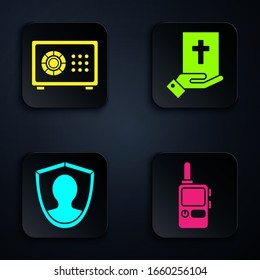 Set Walkie talkie, Safe, User protection and Oath on the Holy Bible. Black square button. Vector