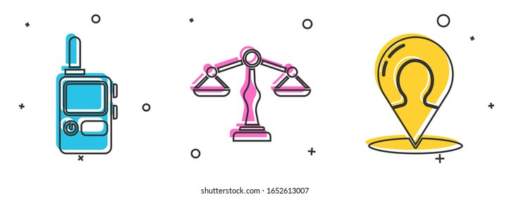 Set Walkie talkie, Scales of justice and Map marker with a silhouette of a person icon. Vector