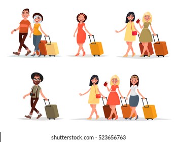 Set walking airplane passengers. Man, woman, friends with luggage on an isolated background. Vector illustration in cartoon style