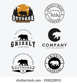 Set of Walking Bear Hunter Logo Vector Design, Emblem Bundle of Bear Grizzly Vintage and Line Art Illustration