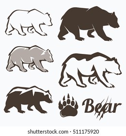 set of walking bear silhouettes in different style, collection of elements for logo design