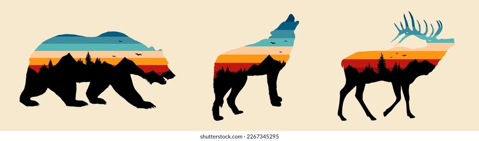 Set of Walking bear, wolf, deer or elk silhouette with mountains landscape double exposure effect and retro vintage sunset stripes backgorind . Wild nature concept. Vector illustration.