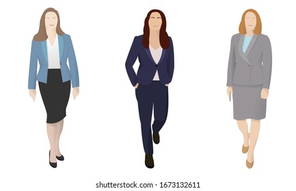 Set of walking businneswoman in corporate suits on a white isolated background.