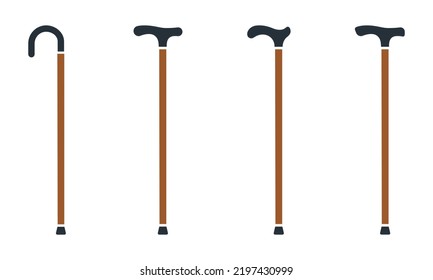 Set of walking cane vector icons. Wooden stick on white background. Cane for elderly, old, aged and disabled person. Vector 10 EPS.