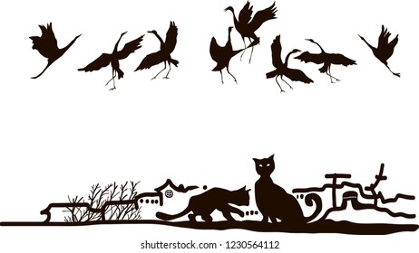 Set of walking cats  and dancing cranes