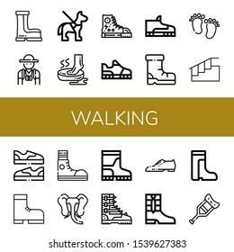 Set of walking icons. Such as Boots, Tourist, Guide dog, Foot, Sneakers, Running shoes, Footwear, Shoes, Feet, Stairs, Boot, Elephant, Crutch , walking icons