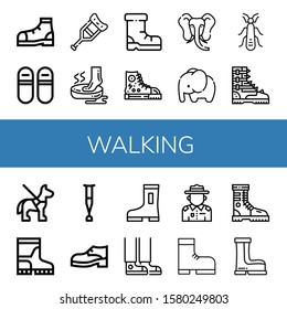 Set of walking icons. Such as Shoe, Sneakers, Crutch, Foot, Shoes, Elephant, Stonefly, Boot, Guide dog, Boots, Sneaker, Ranger , walking icons