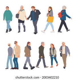 Set walking people in casual street style. Vector flat cartoon collection of colorful isolated illustration.