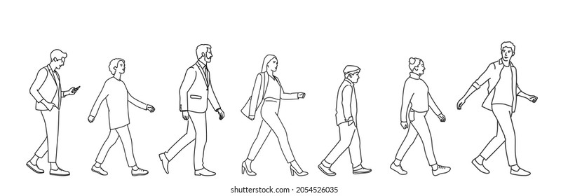 Set Of Walking People (crowd). Hand Drawn Vector Illustration. Black And White.