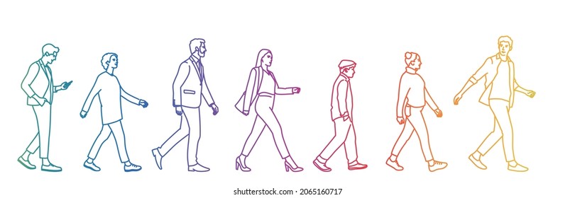Grupo de gente caminando (multitud). Color arcoiris. Esbozar ilustración vectorial.